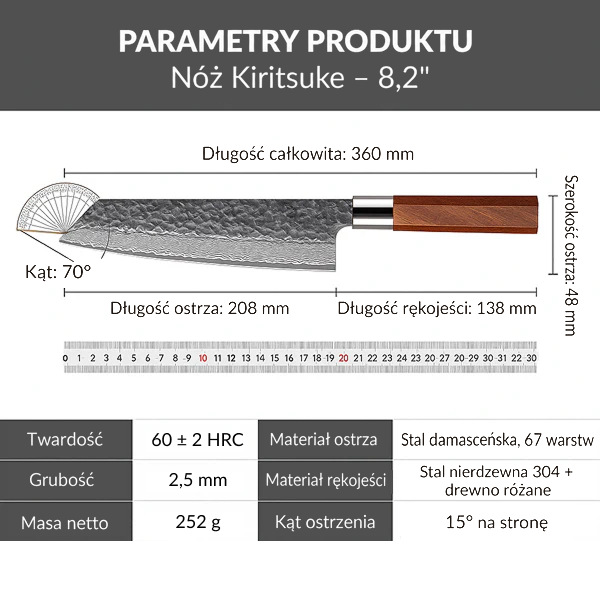 Japoński nóż Kiritsuke ze stali damasceńskiej