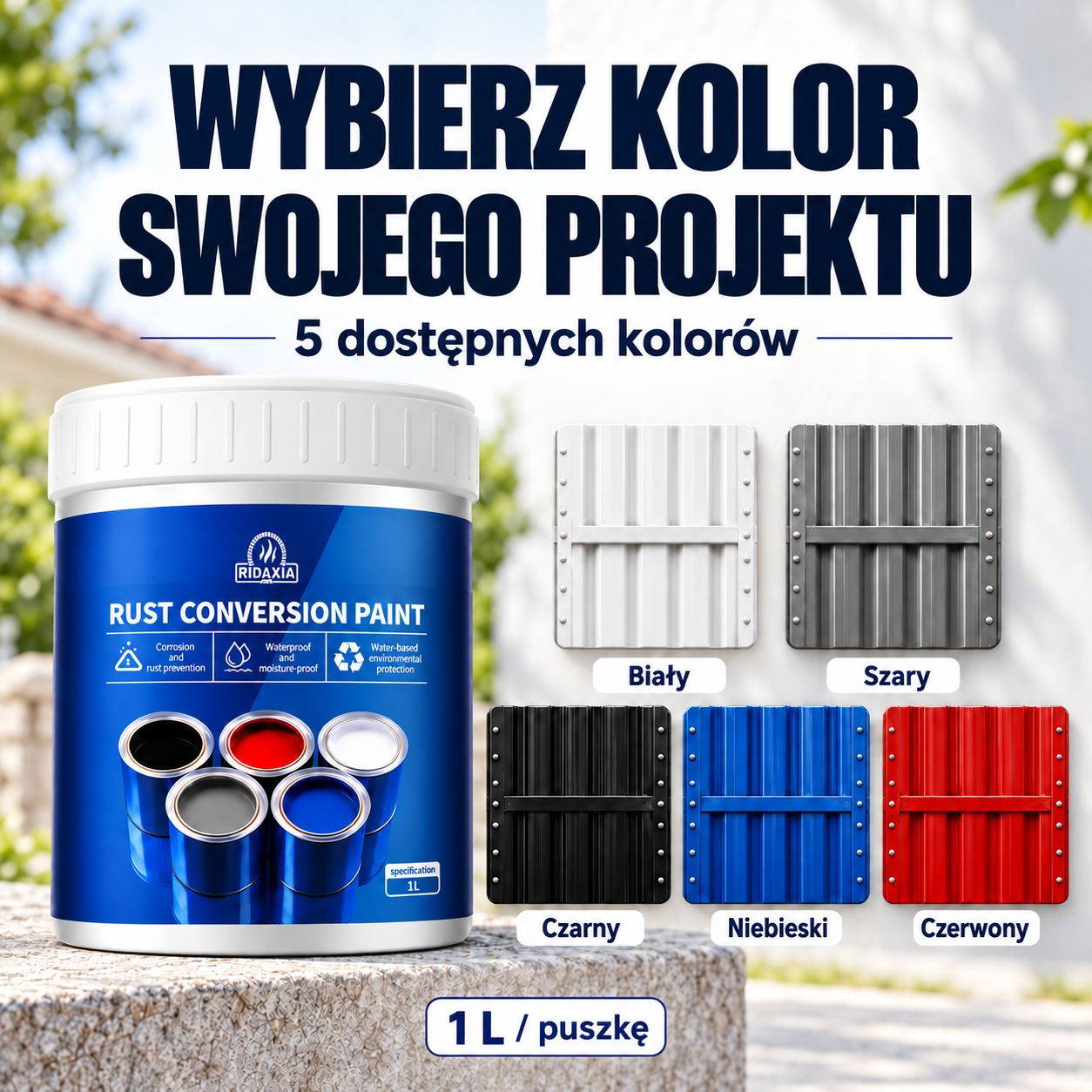 RustPaint w 5 kolorach: biały, szary, czarny, niebieski i czerwony